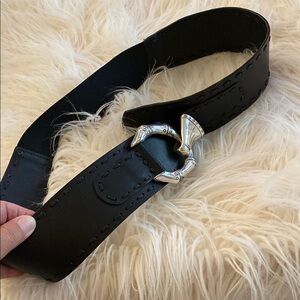 CHICO's Black Leather Belt with Silver Buckle